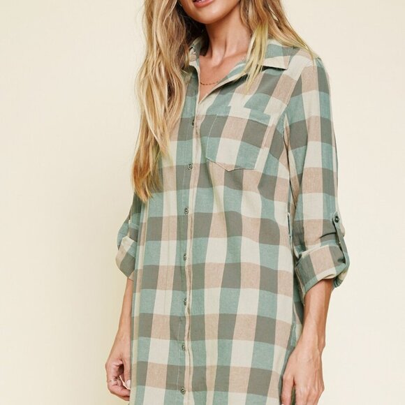 MYSTREE Plaid Button-Up Shirt Dress Shacket, Sage Green & Taupe Check Frayed Hem - Picture 2 of 7